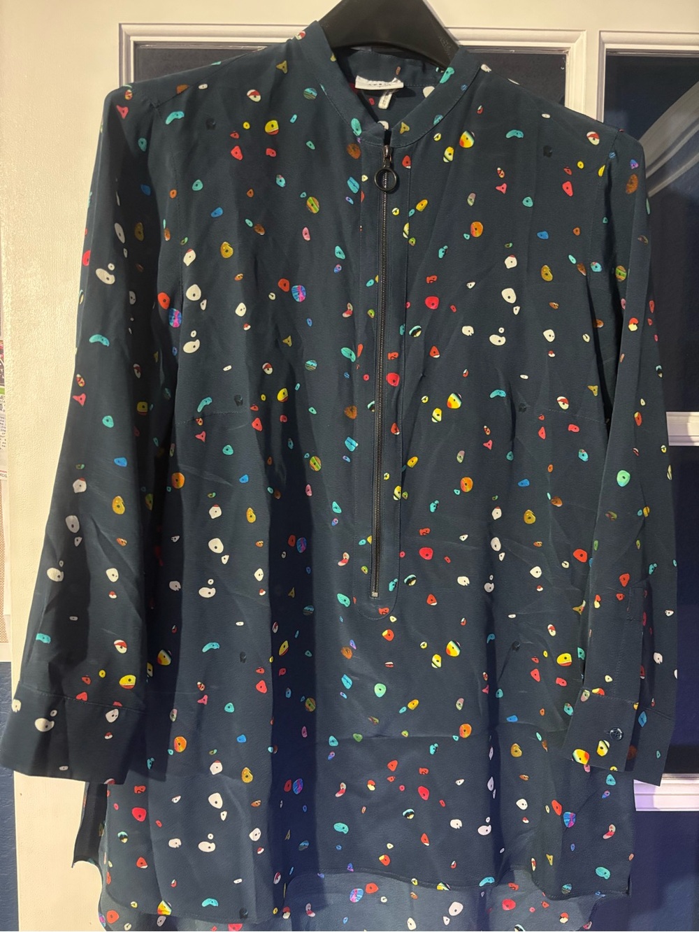 Akris Punto Silk Navy Blue Printed Blouse size Large